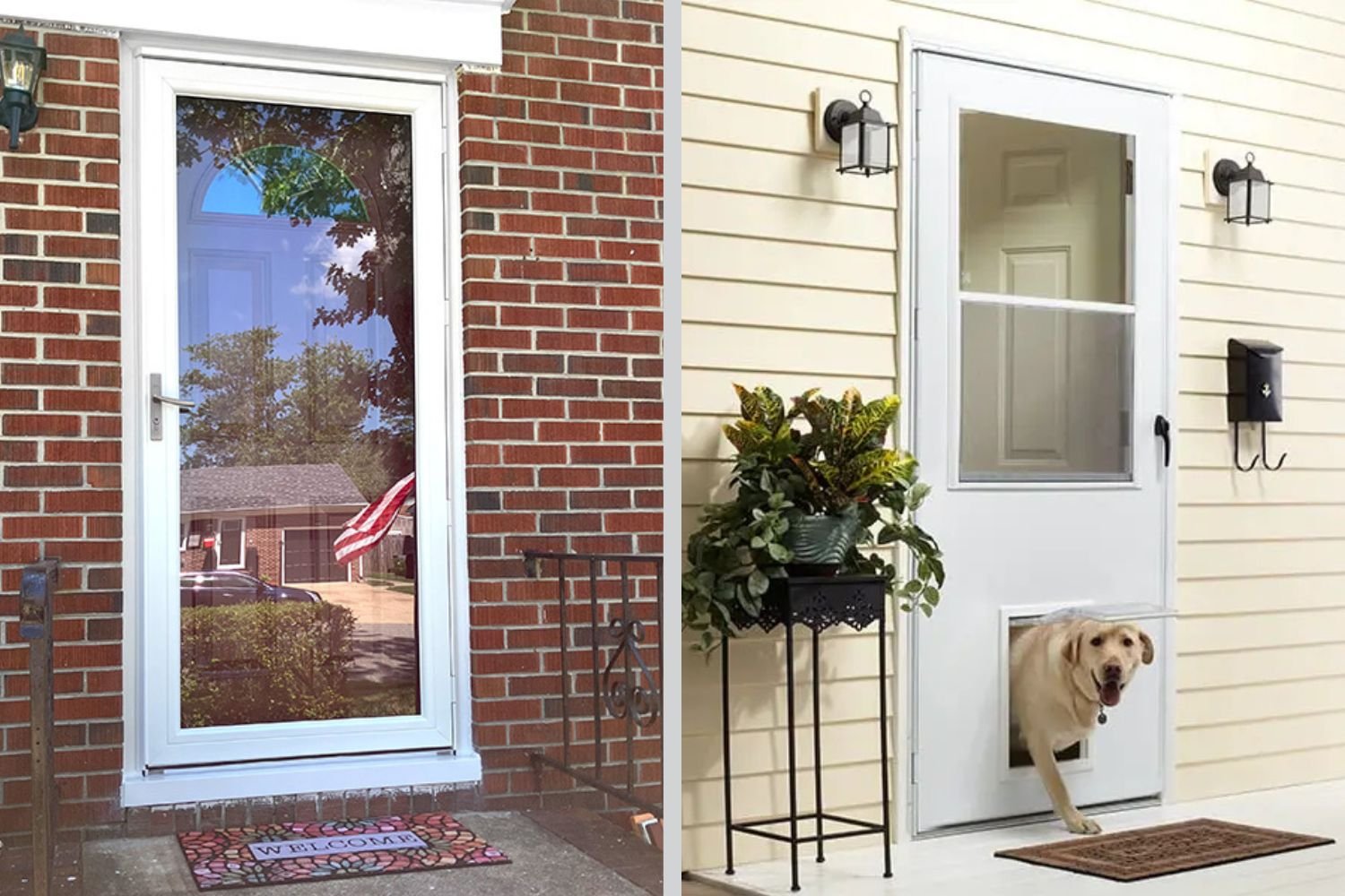 The left image shows a full glass storm door from a red entry door. The right image right shows an Andersen® 10 Series white storm door with black hardware and a dog going outside through a pet door.