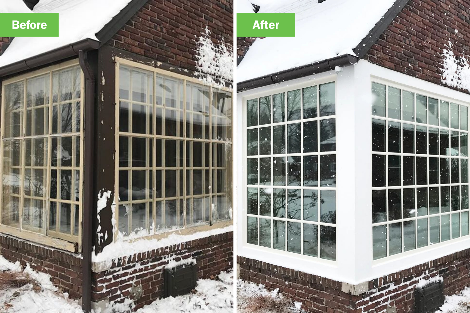 Before and after images of a house showcasing new windows, highlighting improved aesthetics and natural light.