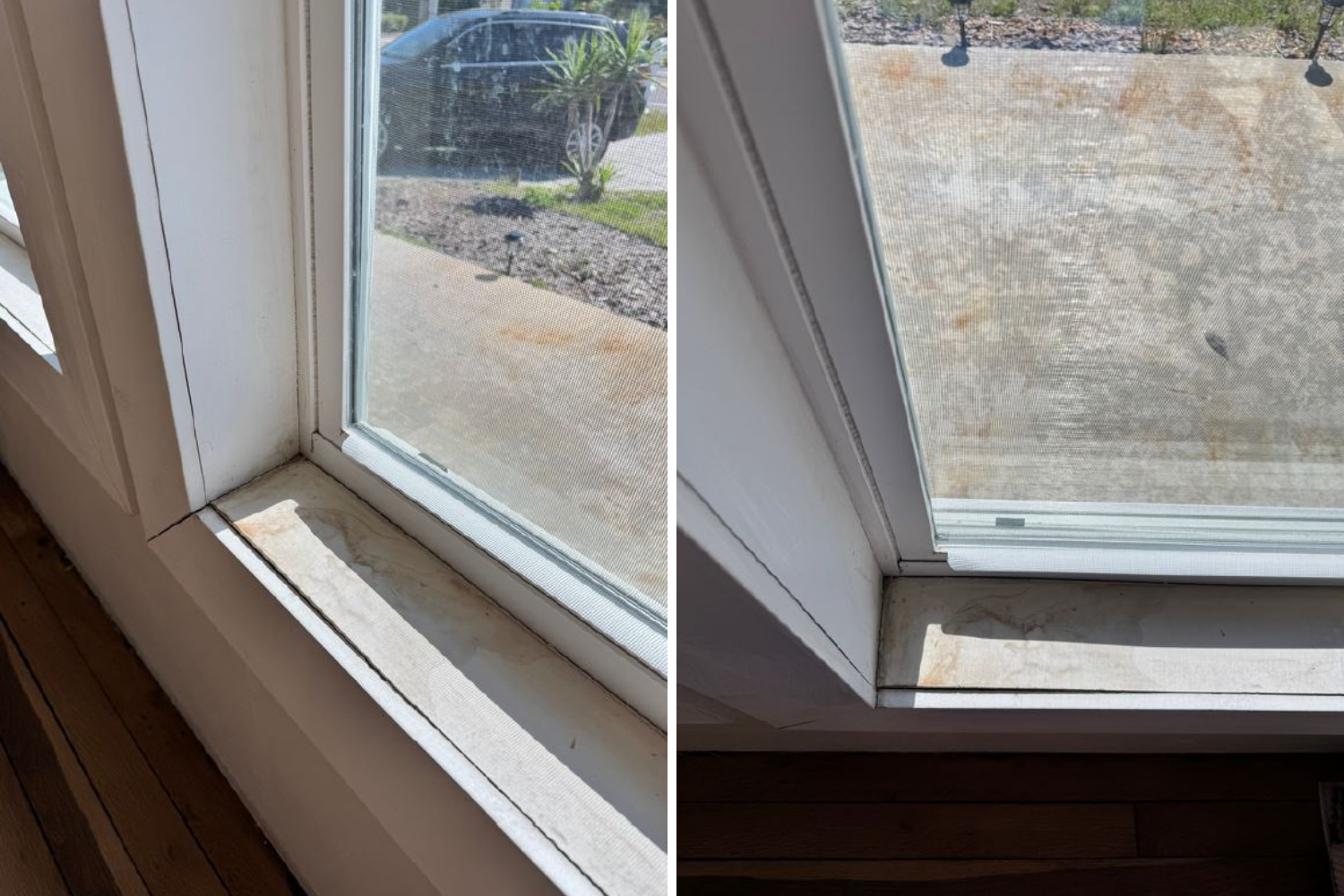 Two images of a window featuring a decorative window sill and a clear view outside.