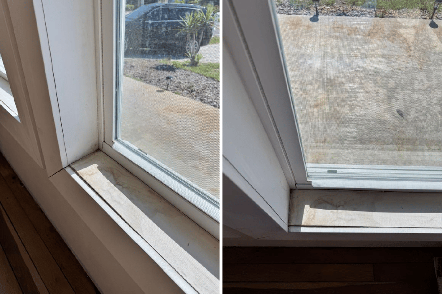 Two images of a window featuring a decorative window sill and a clear view outside.